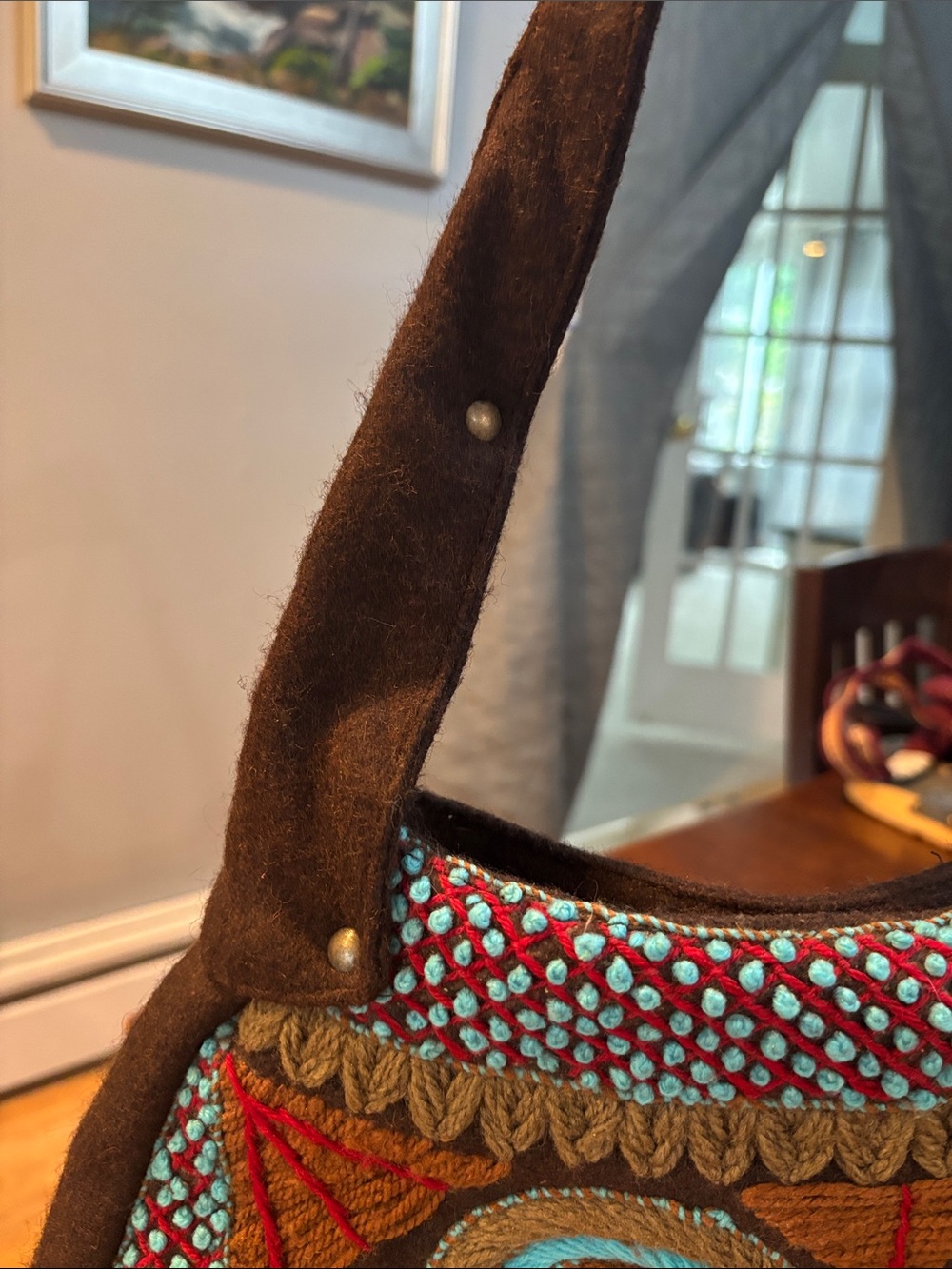 Surkana Boho Embroidered Brown Felted Shoulder Bag with Turquoise & Red Accents - Picture 2 of 6